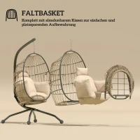Outsunny Hangende schommelstoel voor buiten met opvouwbare mandzitting en dikke kussens, frame, hoofdsteun, bekerhouder, Khaki(m-5)