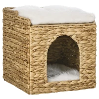 PawHut kattengrot met waterhyacintgras, 2 slaapruimtes, 2 wasbare kussens, naturel + wit(m-11)