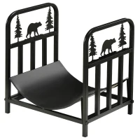 Outsunny Metal Firewood Log Holder Indoor Outdoor Firewood Rack Inner Arced Fireplace Wood Storage Shelf w/ Bear Shape Design, Rust-Resistant, Black, 42W x 33.5D x 43H cm(m-10)