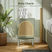 HOMCOM Set of 2 Rattan Bedside Tables, Boho Nightstands with Solid Wood Legs and Storage Cabinet for Living Room, Bedroom, Accent End Side Table, Light Green(m-5)