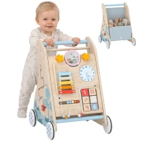 AIYAPLAY 3-in-1 baby loopwagen met afneembaar dubbelzijdig activiteitspaneel, tas en wielen voor 1-3 jaar(m-15)