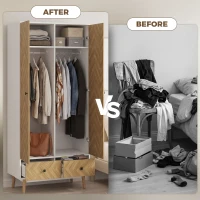 HOMCOM Cabinet Wood-Effect Sticker Surface, Modern Wardrobe with 2 Hanging Rods, 2 Storage Shelves and 2 Drawers, White(m-7)