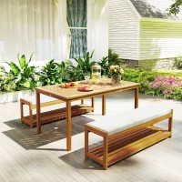 Outsunny 3 tlg. Gartenmöbel-Set, Sitzgarnitur inkl. 1 Esstisch mit Schirmloch, 2 Bänke 150 x 85 x 75 cm Teak(m-10)