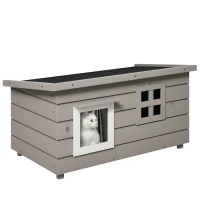 PawHut Buiten Kattenhuis Groot Modern Luxe Sparhout met Raam voor Katten Grijs Zwart(m-10)