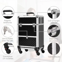 HOMCOM Valise trolley maquillage mallette cosmétique vanity poignée télescopique réglable 34L x 25l x 62H cm alu. noir(m-5)