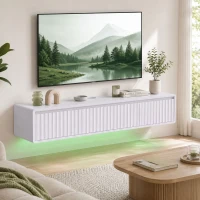 HOMCOM Corp TV Suspendat Flotant 120 cm cu Iluminare LED și Prize, Mobilier TV pentru Televizor 165,1 cm, Alb(m-6)