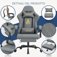 Sedia gaming con poggiapiedi, morbido cuscino per collo e lombare, cuscini di supporto rimovibili, 60x60x122 cm, Grigio(m-5)