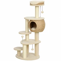 PawHut Grote krabpaal van 132 cm met handgevlochten kattenhuis van lisdodde, sisalpalen, ligbed, 3 speelballen en anti-kantelband, voor 1-2 katten tot 6 kg(m-14)