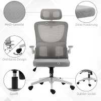 Vinsetto Bureaustoel, in hoogte verstelbaar, kantelbare rugleuning, verstelbare hoofdsteun, tot 120 kg, 60x59x114-122 cm, Grijs(m-8)