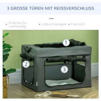 PawHut Transportbox, opvouwbaar, 3 ingangen, binnenkussen, voor honden en katten tot 4 kg/40 cm, grijs(m-7)