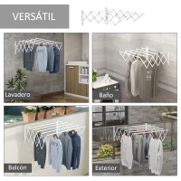 HOMCOM Tendedero de Pared Extensible de 63,5 cm Tendedero de Ropa de Metal con 5 Barras para Interior y Exterior Baño Balcón Carga 10 kg 63,5x60x20 cm Blanco(m-7)