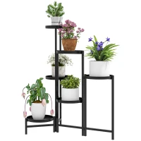 Outsunny Bloemenstandaard, Plantenstandaard met 6 Verstelbare Ronde Planken, Hoekstandaard voor Plantenpotten, Metaal, Zwart(m-10)