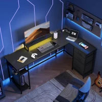 Bureau d'angle en L, LED pilotable via application et station d'alimentation intégrée, 167,5x50x87,5 cm, Noir(m-4)