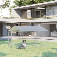 PawHut Perrera de Exterior con Toldo Anti-UV Impermeable Puerta con Pestillo y Marco de Metal Galvanizado 4x2,3x2,3 m Plata(m-10)
