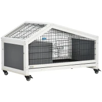 PawHut Rabbit Hutch, Wheeled Rabbit Cage w/ Water Bottle, Plastic Slide-Out Tray - Grey(m-10)