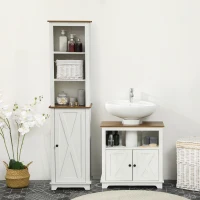 kleankin 2 Piece Bathroom Furniture Set, Tall Bathroom Cabinet with Adjustable Shelves, Under Sink Cabinet with Cupboard and Open Shelf, Ash Wood Effect(m-2)
