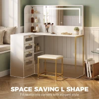 HOMCOM Dressing Table with LED Mirror and Stool, L-Shaped Vanity Desk with Drawers and Shelves, White(m-6)