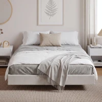 HOMCOM Pat Flotant 160 x 200 cm cu Iluminare LED Inteligentă, Cadru de Pat Dublu Tapițat în Țesătură cu Aspect de In, Montaj Ușor, Bej(m-4)