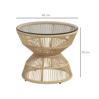 Outsunny Buitentafel Bijzettafel Tuinmeubel Rattan Bijzettafel, Glazen Blad, PE-Rattan, 60 cm x 60 cm x 50 cm, Natuurlijk(m-3)