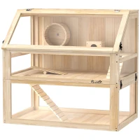 PawHut Gaiola para Hamster em Madeira com 3 Níveis, Base Funda Desmontável, Baloiço, Roda de Exercício, Rampas, Casinha, Natural(m-11)