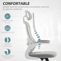 HOMCOM Chaise Bureau Ergonomique, Fauteuil de Bureau en Maille avec Accoudoirs Rabattables, Hauteur Réglable, 64x62x115cm, Gris(m-4)