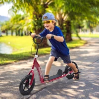 HOMCOM Kids Scooter Kick Scooter, with 12" EVA Tyres, Rear Brake, Big Wheels Scooter for 5-12 Years , Red(m-3)
