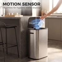 HOMCOM 55L Sensor Bin for Kitchen, Touchless Automatic Waste Rubbish Bin, Stainless Steel, Battery Operated, Silver Tone(m-4)