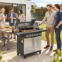 Outsunny 6+1 Burner Gas BBQ Grill, Outdoor Barbecue Trolley with Wheels, Warming Rack, Thermometer, Bottle Opener, Silver Tone(m-10)