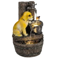 Outsunny Garden Water Feature with 3-Tier Rustic Puppy Design, Freestanding Resin with LED Lights, Adjustable Flow, Rustic Brown(m-11)