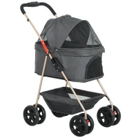 PawHut 3-in-1 Huisdierenwagen, inklapbare hondenkar met 4 wielen en afneembare draagtas voor honden en katten, Grijs(m-1)