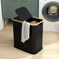 HOMCOM Cesto Portabiancheria da 80L a 2 Sezioni con Coperchio, in Tessuto non Tessuto e Bambù, 54x34x58.5 cm, Nero(m-7)