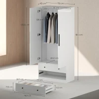 HOMCOM Kledingkast, 2 deuren, hanggedeelte, kledingstang, 2 lades, MDF, wit(m-3)