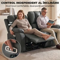 HOMCOM Canapea Reclinabilă Electrică 2 Locuri 135° cu Masaj și Încălzire, Material cu Aspect de Piele, Gri Închis(m-4)