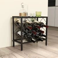 HOMCOM Portabottiglie Vini per 10 Bottiglie in Acciaio Nero con Piano d'Appoggio in Vetro Temperato, 41x22x41 cm(m-7)