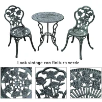Outsunny Set 3 Pezzi Stile Vintage, Tavolo e 2 Sedie da Giardino in Alluminio, Colore Verde Antico, Decorazioni Floreali(m-4)