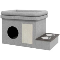 PawHut Kattenhuis, voerbak met 2 roestvrijstalen kommen, krabmat, zacht ligkussen, 78 x 48 x 49,5 cm, grijs(m-10)