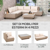 Outsunny Set da Giardino 4 Pezzi in Rattan, Divano Angolare con Cuscini e Tavolini, Nero e Marrone chiaro(m-4)