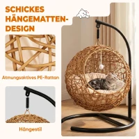 PawHut Rattan kattenmand met wasbaar kussen en speelbal, voor katten tot 10 kg, 45 x 41 x 75 cm, lichtbruin(m-4)