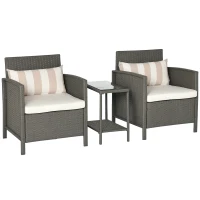 Outsunny 3 Pieces Rattan Bistro Set, Wicker Garden Furniture Set, Glass Top 2-tier Coffee Table and Chairs Set with Pillows and Washable Cushions for Outdoor, Patio, Balcony, Light Grey(m-1)