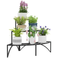 Outsunny Hoekplantenstandaard, 3-laags Bloemenstandaard, Metaal, Voor Binnen en Buiten, Bloempottenstandaard, Zwart(m-11)
