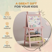 AIYAPLAY 3 in 1 Kids Easel Double-Sided Magnetic Whiteboard and Chalkboard with Paper Roll, Storage Baskets - Pink(m-6)
