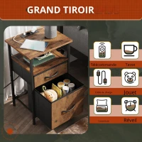 Table de chevet avec fonction de charge, grand espace de rangement, convient pour chambre à coucher, salon et bureau, 39,8x29,8x64,2 cm, Marron(m-7)