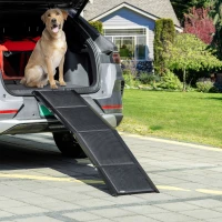 PawHut Rampa Plegable para Perros de Aluminio con Superficie Antideslizante Asa y Gancho Carga 80 kg  158x43,5x2,5 cm Negro(m-2)
