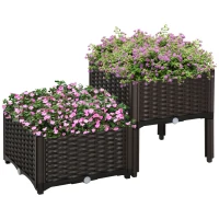 Outsunny verhoogd bed, 2-delige plantenbak met afwateringsgaten, bloembak in rotan-look, PP, bruin(m-11)