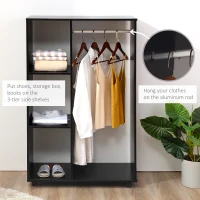 HOMCOM Open Wardrobe on Wheels, Bedroom Wardrobe with Clothes Hanging Rail, 3 Storage Shelves, Mobile Garment Rack for Cloakroom, Hallway, Black(m-7)