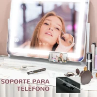 HOMCOM Espejo de Tocador Giratorio 58x46 cm con 3 Modos de Iluminación Ajustables Interruptor Táctil Espejo de Aumento Blanco(m-5)