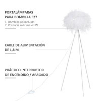 HOMCOM Lámpara de Pie con Trípode de Metal y Pantalla de Plumas con Interruptor de Pie Estilo Moderno para Dormitorio Sala de Estar Salón Estudio 54x54x147 cm Blanco(m-6)