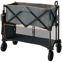Outsunny Double Decker Folding Festival Trolley on Wheels, 200KG & 350L Capacity Collapsible Wagon Festival Trolley Cart with 134cm Extended for Camping Sports Shopping Garden and Beach, Grey(m-1)