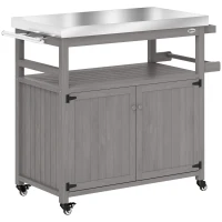 Outsunny Buitenkeukeneiland, Grillwagen met Kast en Rekken, Houten en Roestvrij Stalen Keukenwagen met Wielen, Grijs(m-10)