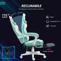 HOMCOM Sedia da Gaming Reclinabile con Poggiapiedi e Cuscini, in Finta Pelle e Spugna, 65x62x116-124 cm, Bianco e Blu(m-6)